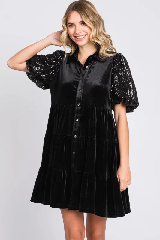 Black Velvet Tiered Sequin Short Sleeve Dress sold by Pinkblush