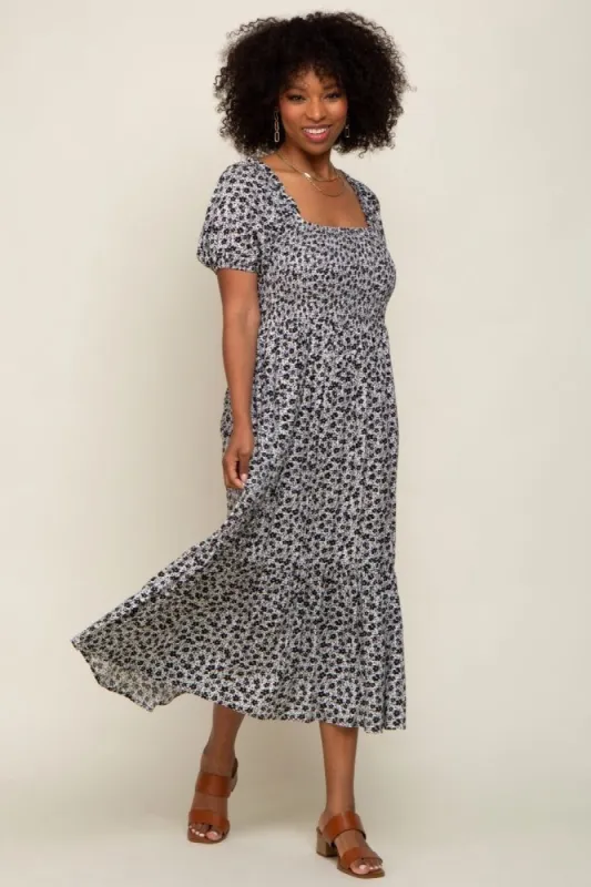 Black Floral Smocked Short Sleeve Midi Dress sold by Pinkblush