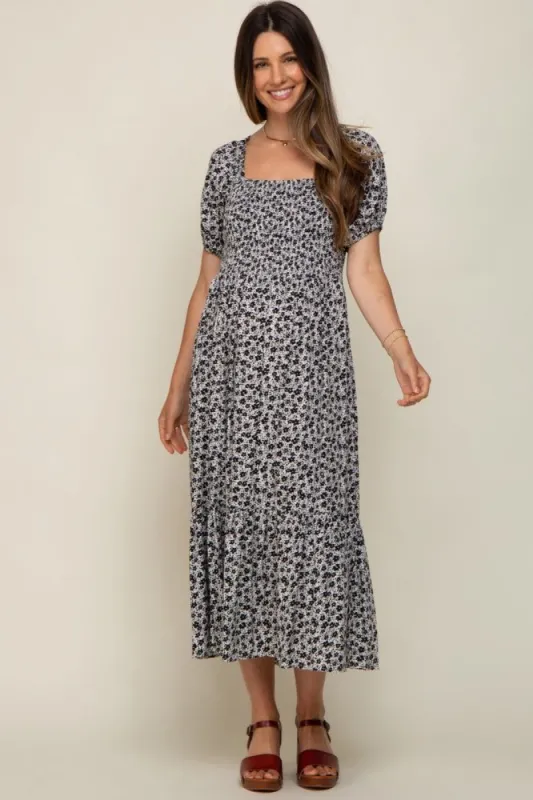 Black Floral Smocked Short Sleeve Maternity Midi Dress sold by Pinkblush