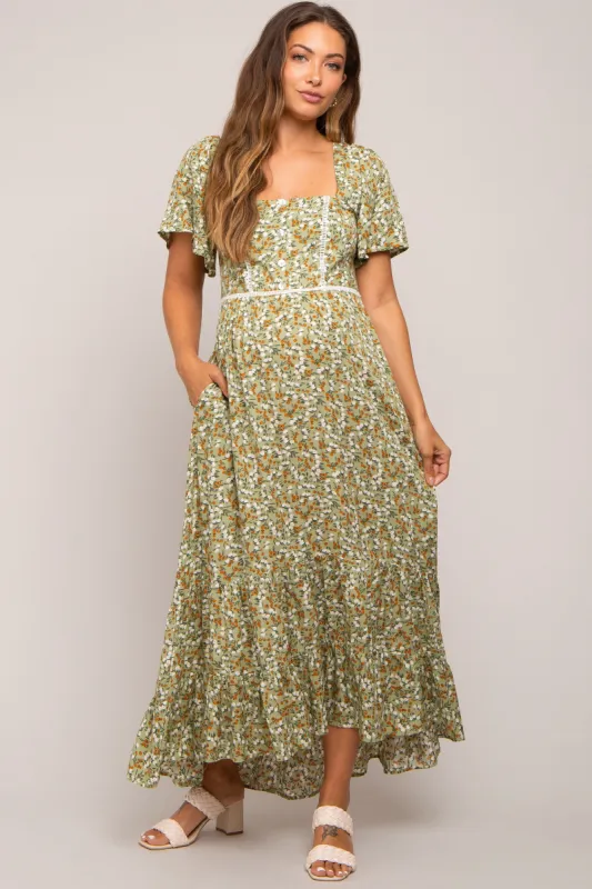 Green Floral Button Front Square Neck Ruffle Hi-Low Maternity Midi Dress sold by Pinkblush