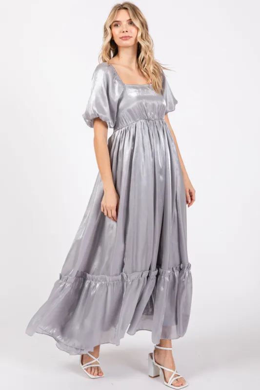 Silver Satin Square Neck Short Puff Sleeve Maxi Dress sold by Pinkblush