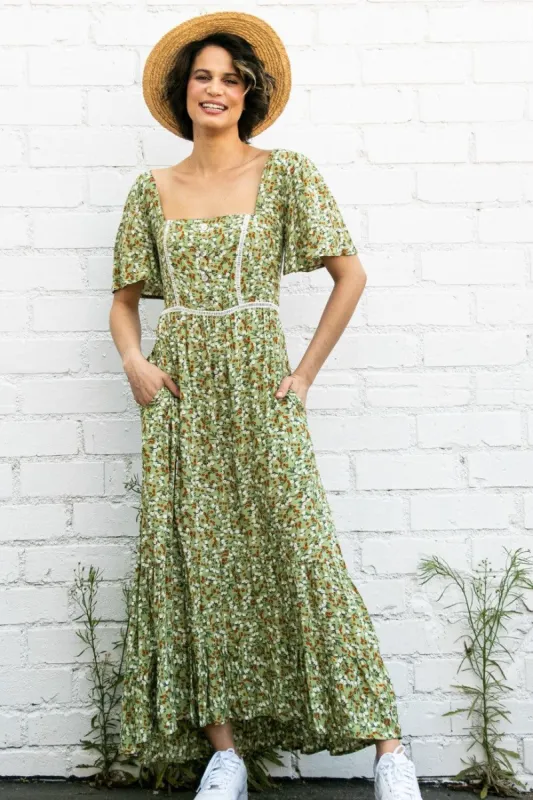 Green Floral Button Front Square Neck Ruffle Hi-Low Midi Dress sold by Pinkblush