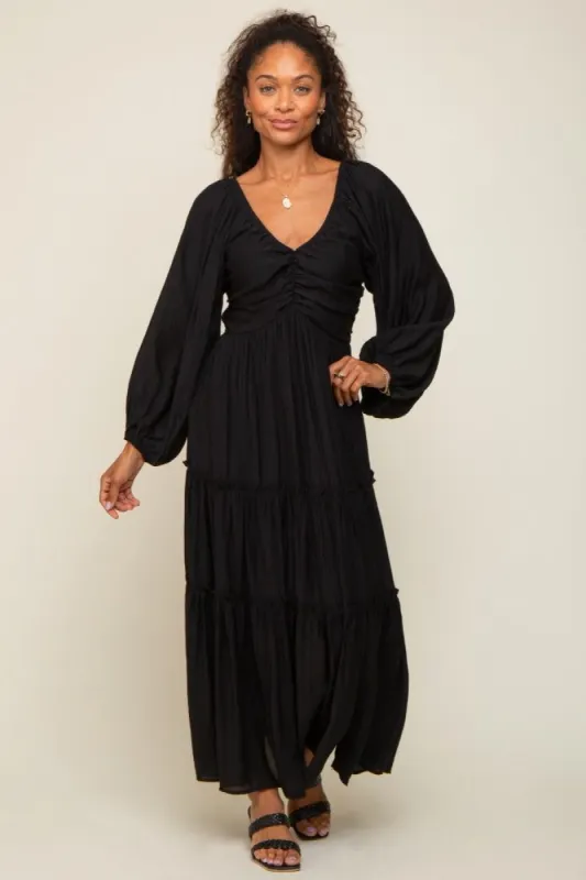 Black Ruched Front Cutout Back Tiered Maxi Dress sold by Pinkblush