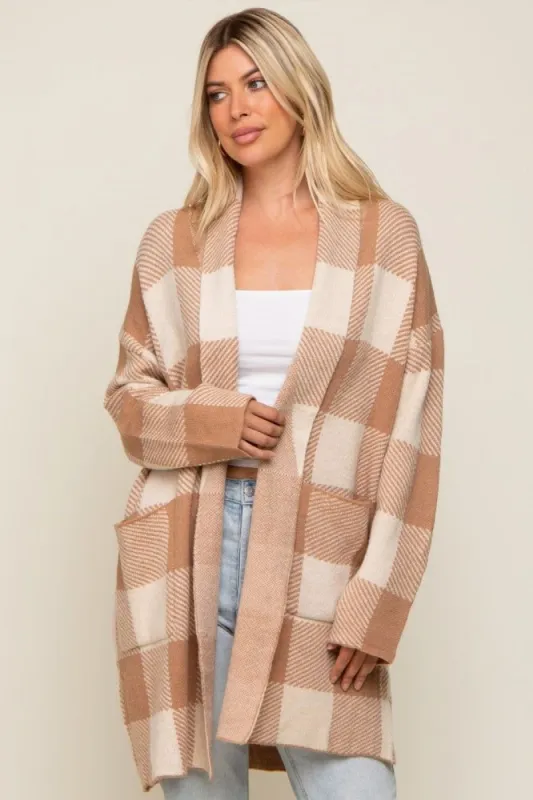 Taupe Plaid Shawl Cardigan sold by Pinkblush