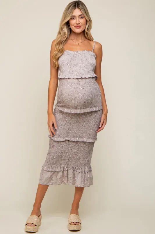 Grey Floral Smocked Fitted Maternity Midi Dress sold by Pinkblush