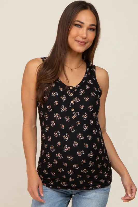Black Floral Ribbed Sleeveless Maternity Top sold by Pinkblush