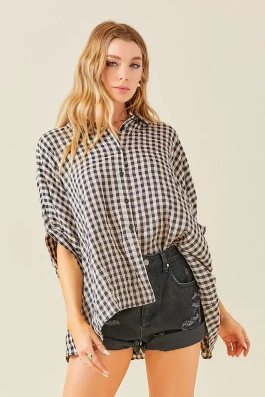 Black Gingham Button Up Collared Boxy Top sold by Pinkblush