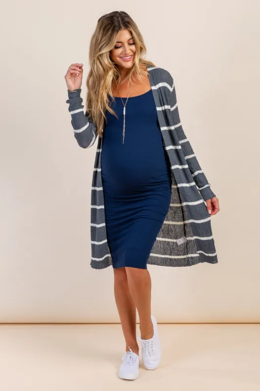 Charcoal Grey Striped Knit Long Maternity Cardigan sold by Pinkblush