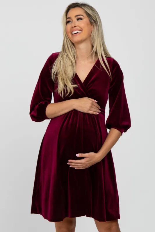Burgundy Velvet Wrap Front Babydoll Maternity Dress sold by Pinkblush