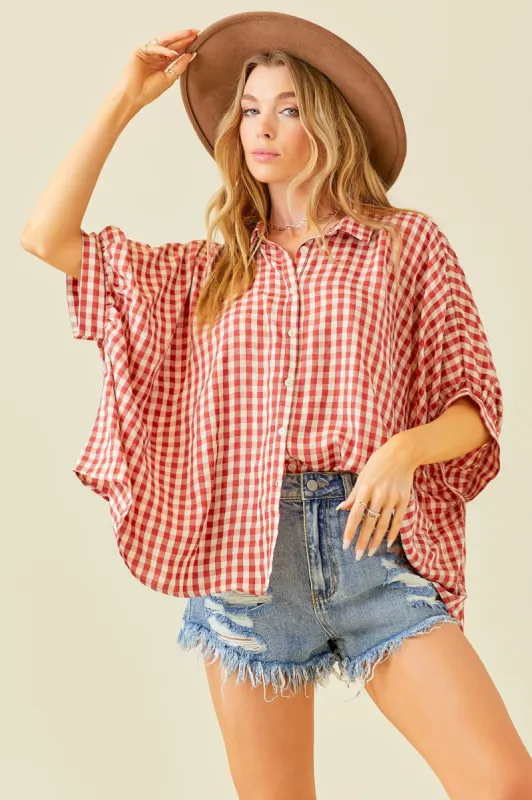 Burgundy Gingham Button Up Collared Boxy Top sold by Pinkblush
