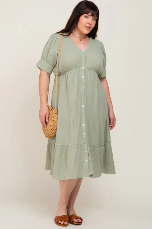 Mint Button Down Short Sleeve Plus Dress sold by Pinkblush