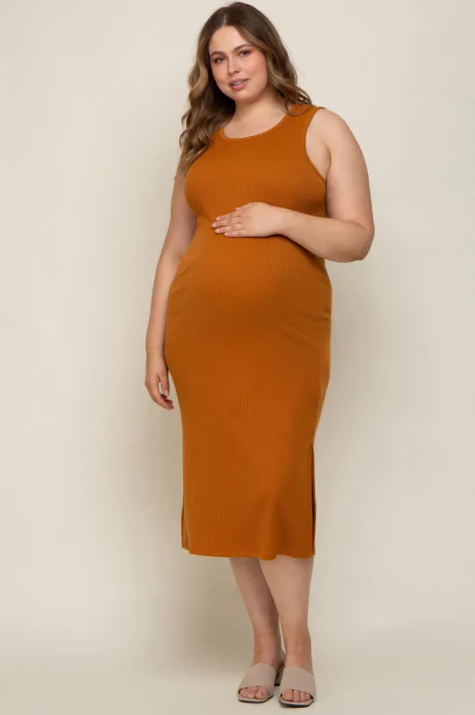 Camel Basic Ribbed Side Slit Maternity Plus Midi Dress sold by Pinkblush