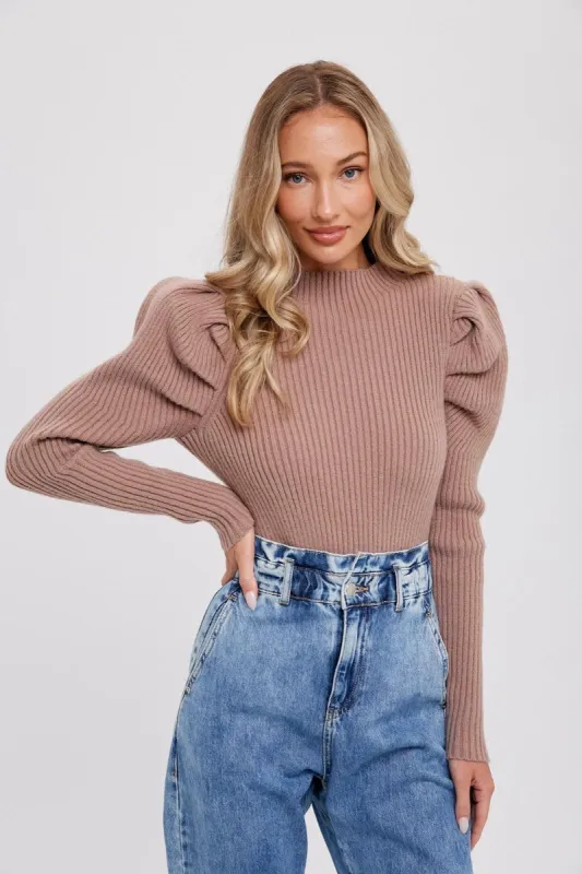 Mocha Puff Sleeves Mock Neck Pullover sold by Pinkblush