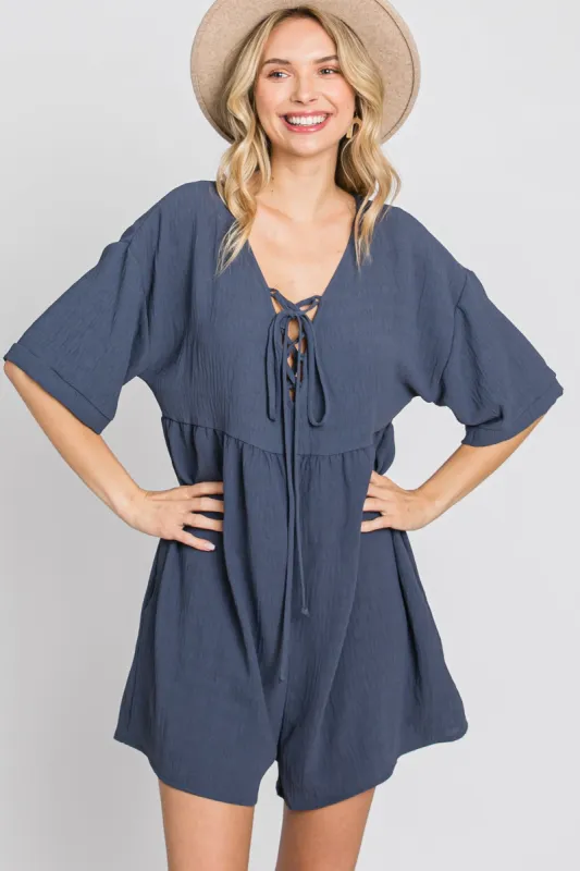 Charcoal Lace Up Romper sold by Pinkblush