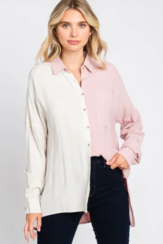 Light Pink Color Block Button Up Linen Top sold by Pinkblush