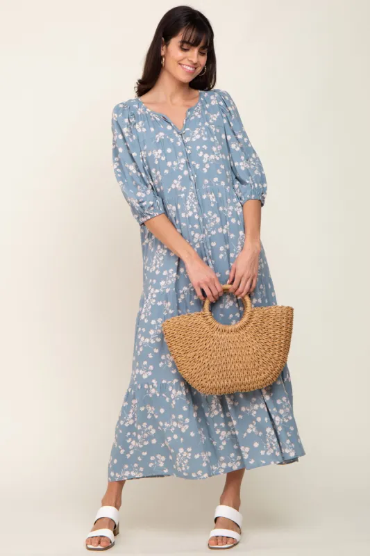 Light Blue Floral Button Front Tiered Midi Dress sold by Pinkblush