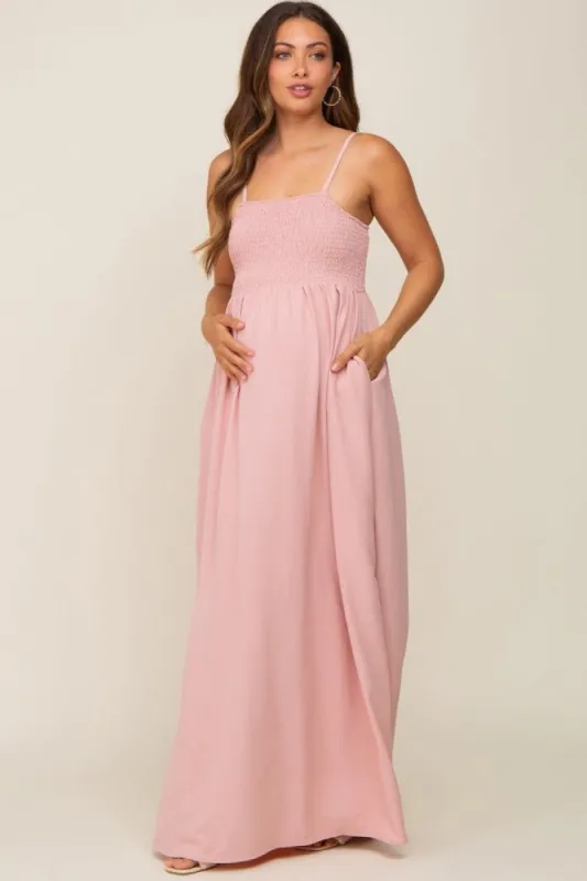 Light Pink Smocked Sleeveless Maternity Maxi Dress sold by Pinkblush