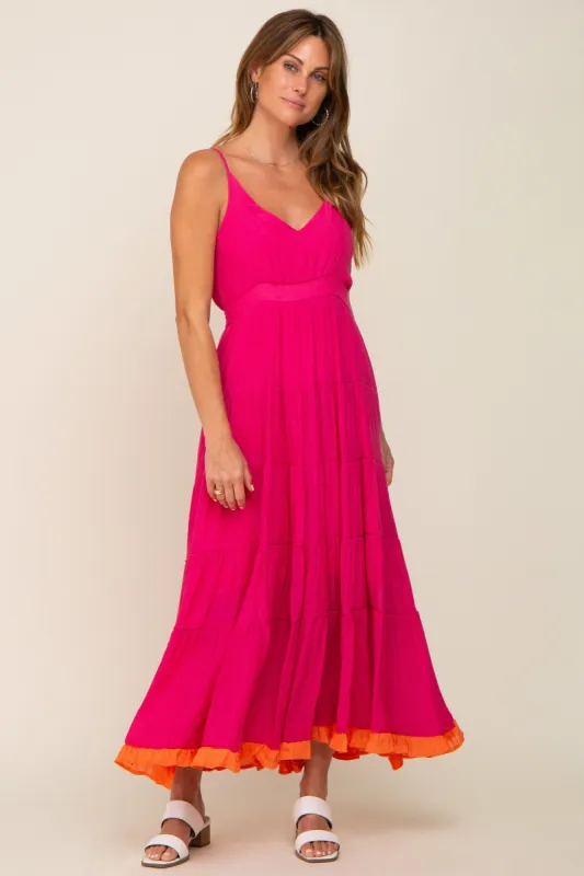 Fuchsia V-Neck Colorblocked Tiered Maxi Dress sold by Pinkblush
