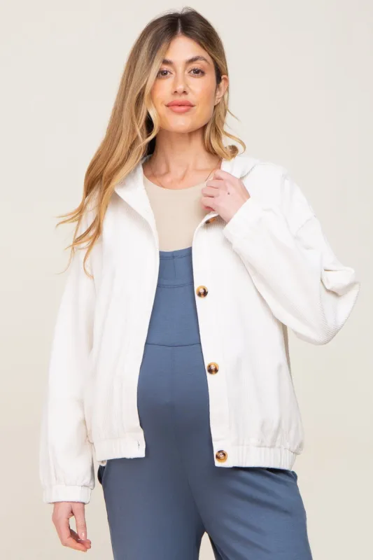 Ivory Corduroy Button Up Hooded Maternity Jacket sold by Pinkblush