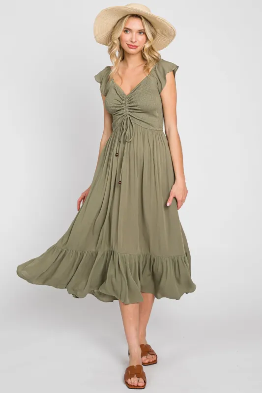 Olive Smocked Ruched Ruffle Hem Maxi Dress sold by Pinkblush