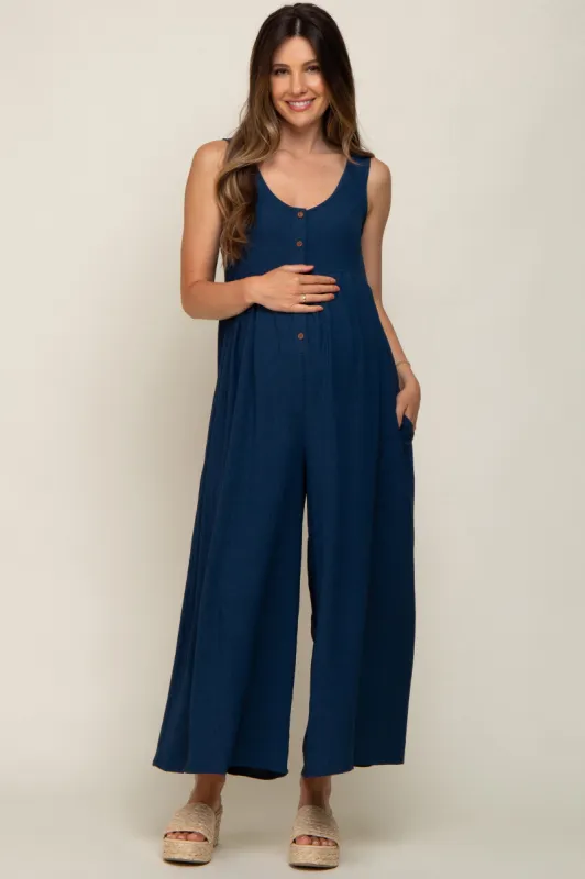 Navy Blue Button Front WIde Leg Maternity Jumpsuit sold by Pinkblush