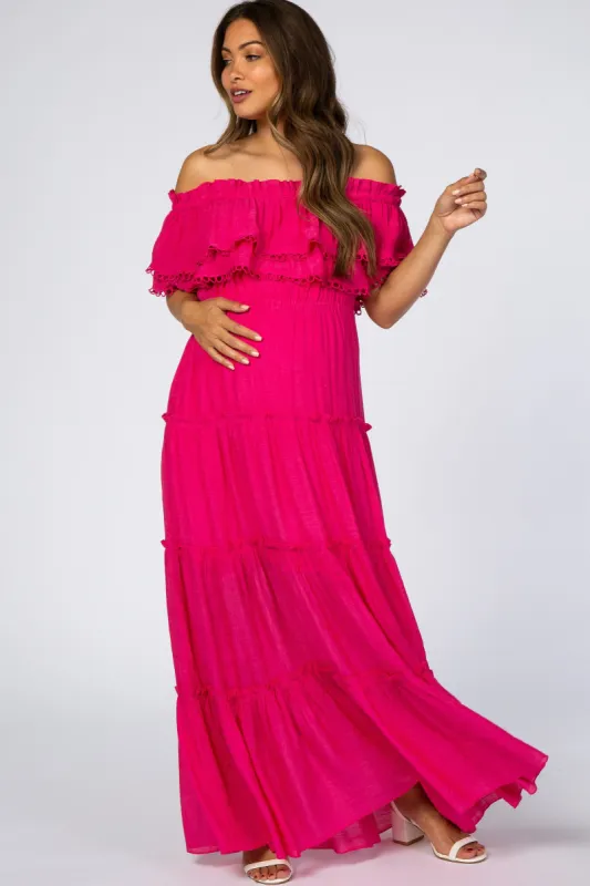 Fuchsia Eyelet Off Shoulder Tiered Maternity Maxi Dress sold by Pinkblush