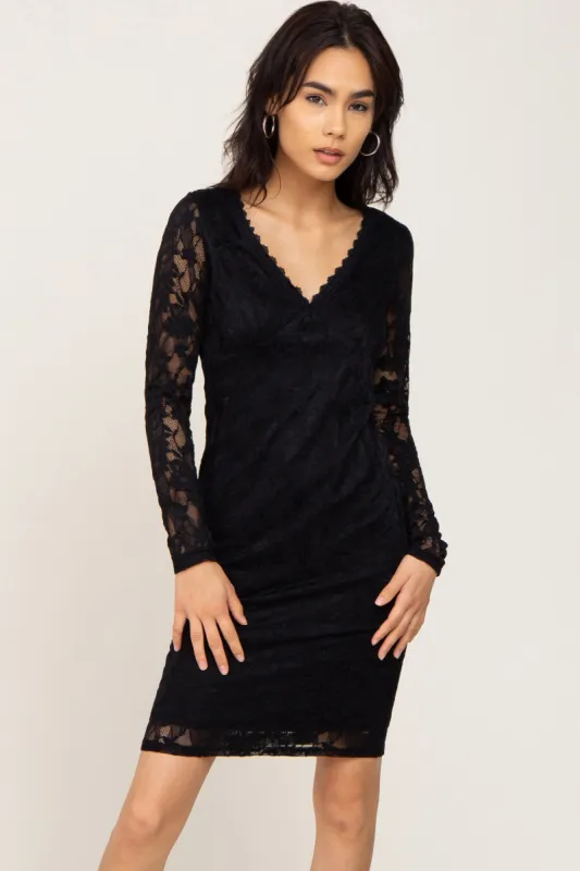 Black Lace V-Neck Fitted Dress sold by Pinkblush