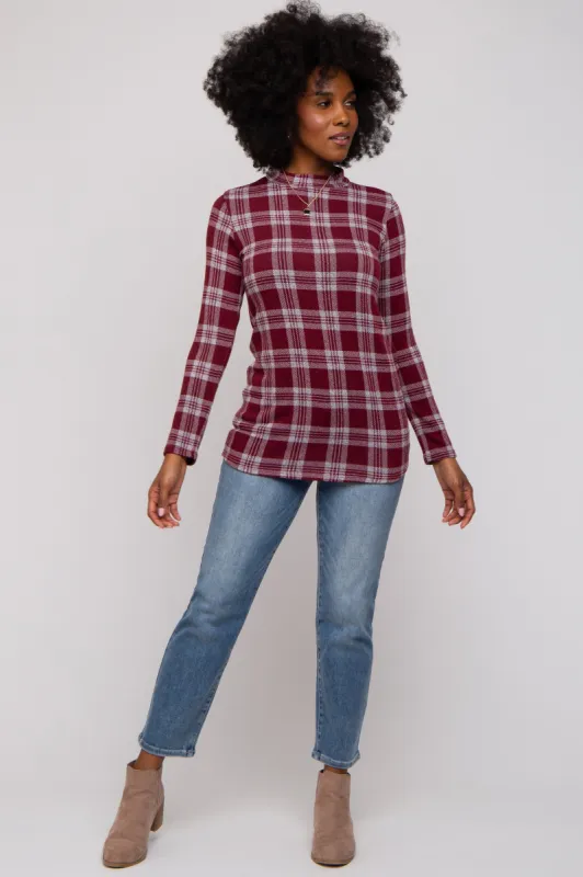 Burgundy Plaid Mock Neck Brushed Long Sleeve Top sold by Pinkblush
