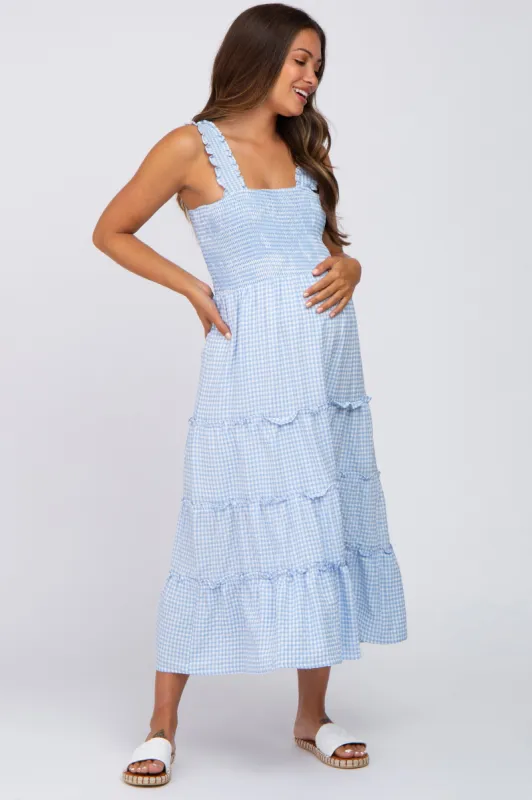 Blue Gingham Smocked Tiered Maternity Midi Dress sold by Pinkblush