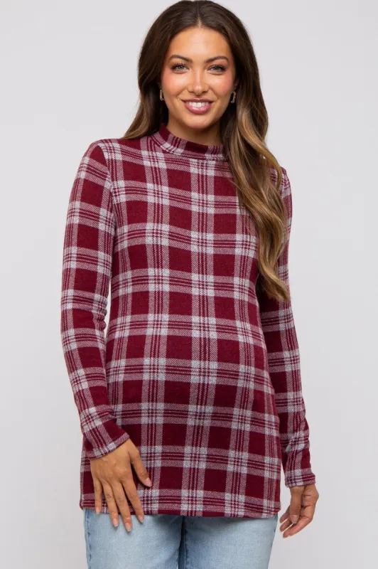 Burgundy Plaid Mock Neck Brushed Long Sleeve Maternity Top sold by Pinkblush