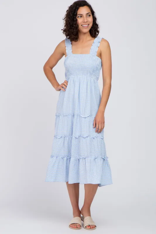 Blue Gingham Smocked Tiered Midi Dress sold by Pinkblush