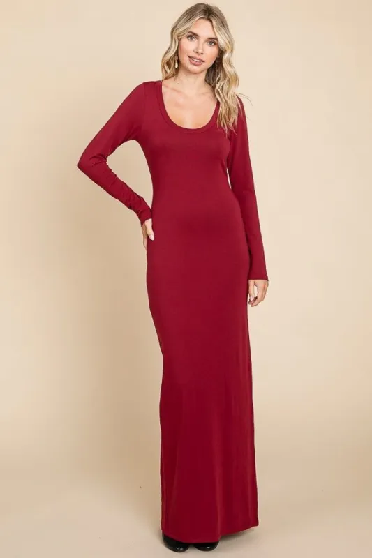 Burgundy Solid Long Sleeve Scoop Neck Maxi Dress sold by Pinkblush