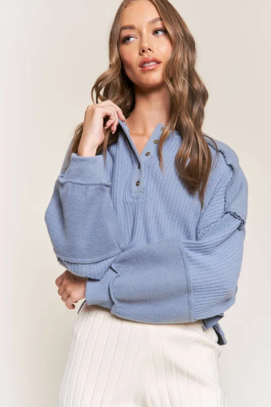 Blue Long Sleeve Top  With Button Details sold by Pinkblush