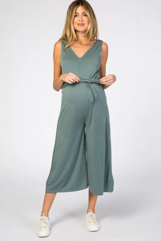 Light Teal V-Neck Tie Waist Maternity Jumpsuit sold by Pinkblush