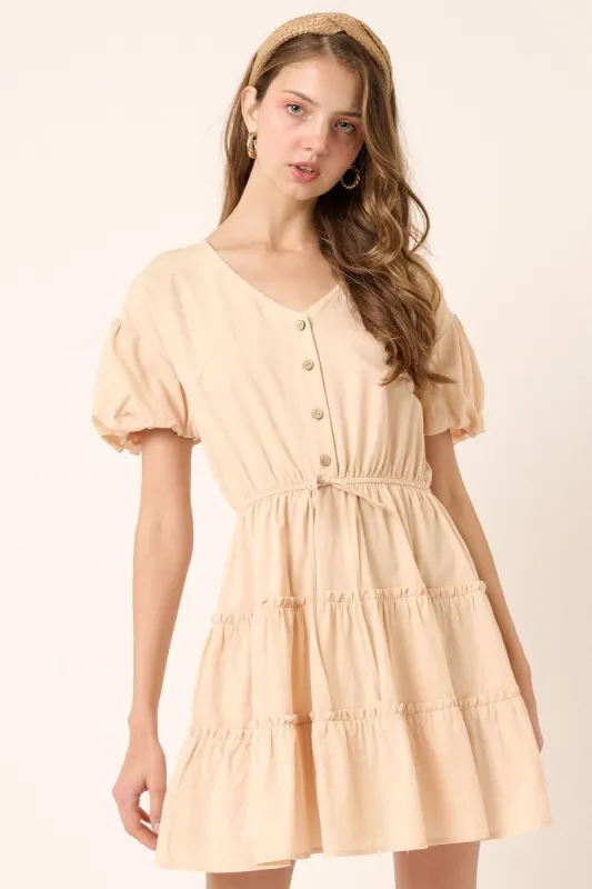 Beige Puff Sleeve Detail Mini Dress sold by Pinkblush