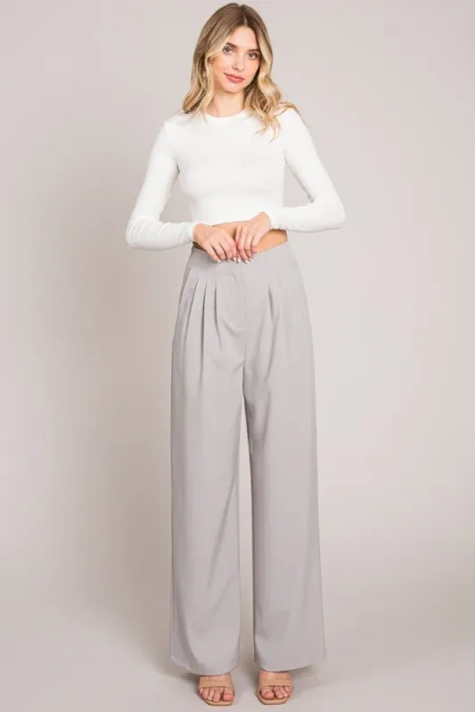 Heather Grey Twill Darted Wide Leg Pants sold by Pinkblush