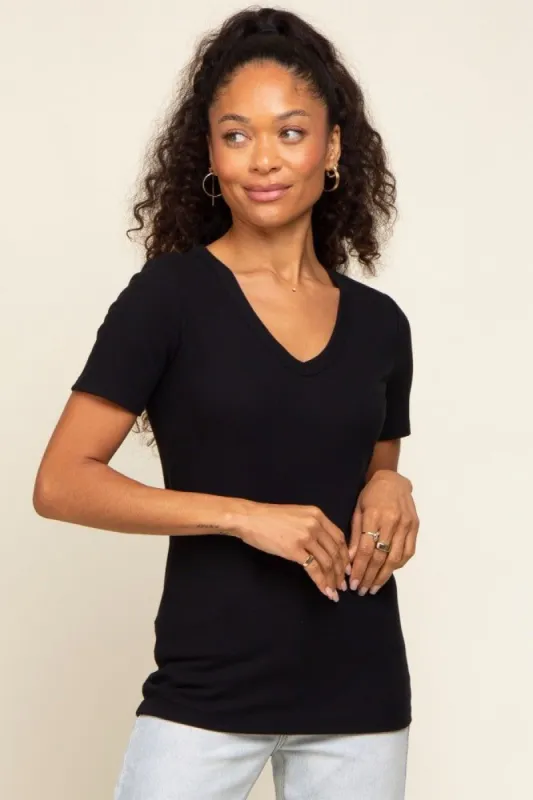 Black Ribbed V-Neck Top sold by Pinkblush