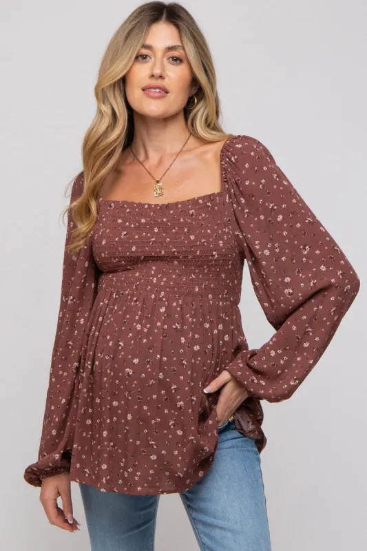 Brown Floral Smocked Long Sleeve Maternity Top sold by Pinkblush