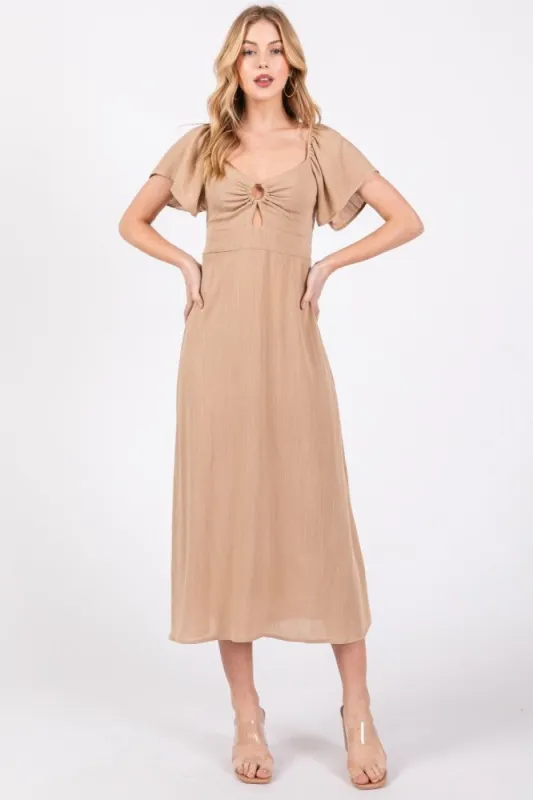 Brown Solid Flowy Sleeve Midi Dress sold by Pinkblush