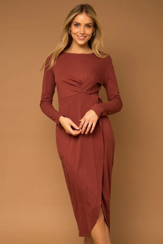 Rust Ribbed Long Sleeve Wrap Midi Dress sold by Pinkblush