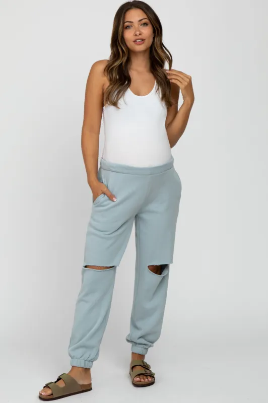 Light Blue Ripped Knee Maternity Sweatpants sold by Pinkblush