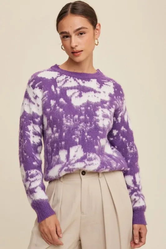 Purple Flower Design Fuzzy Crew Neck Sweater sold by Pinkblush