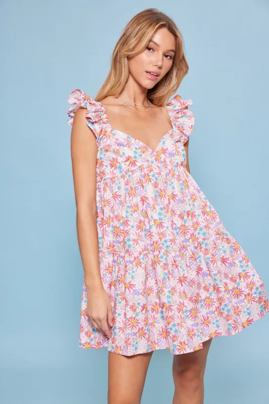 White Pink Flower Print Heart Shape Bodice Baby Doll Dress sold by Pinkblush