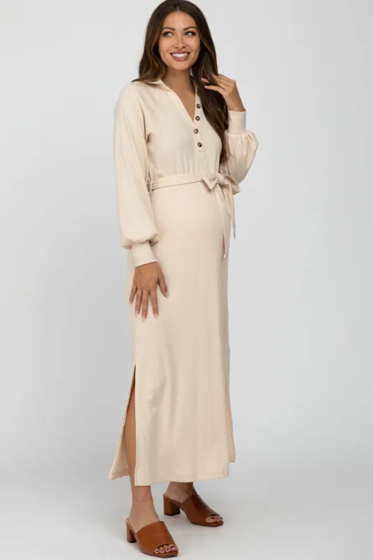 Beige Button Accent Collared Maternity Maxi Dress sold by Pinkblush