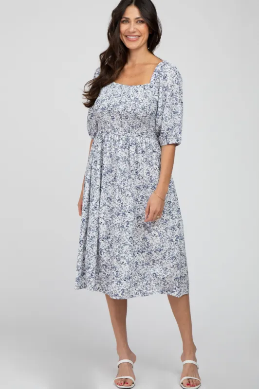 Blue Floral Smocked Midi Dress sold by Pinkblush
