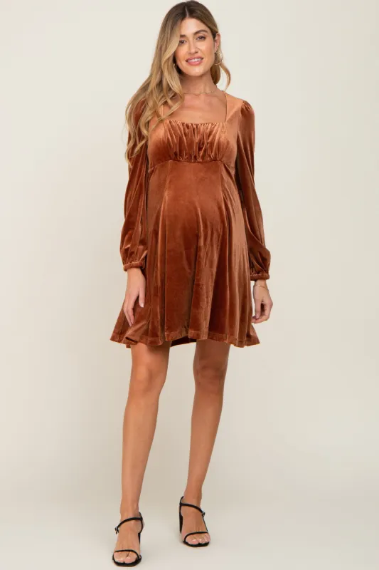 Camel Velvet Ruched Top Maternity Dress sold by Pinkblush