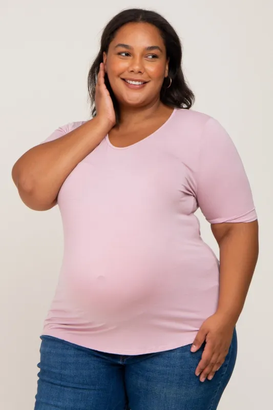 Pink Solid Short Sleeve Maternity Plus Top sold by Pinkblush