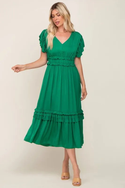 Green Ruffle Accent V-Neck Midi Dress sold by Pinkblush