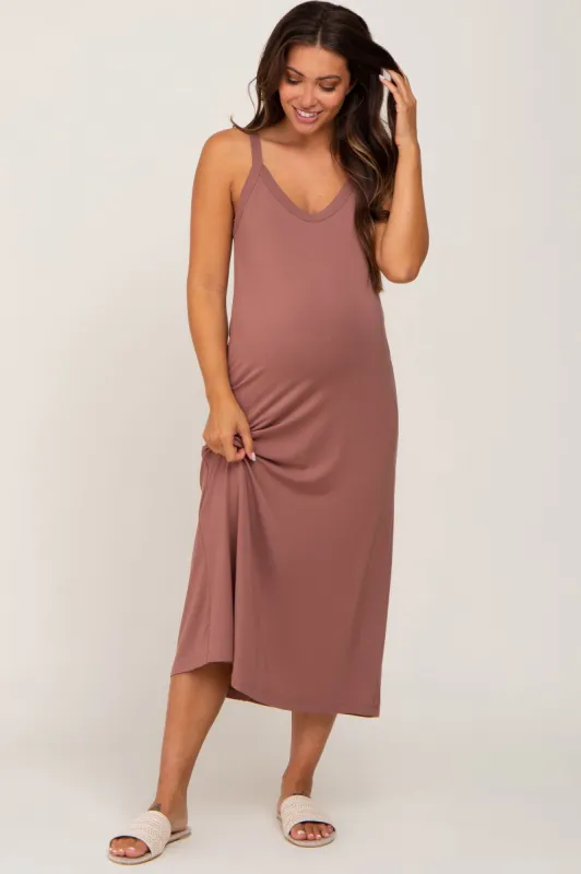 Brown Scoop Neck Maternity Midi Dress sold by Pinkblush