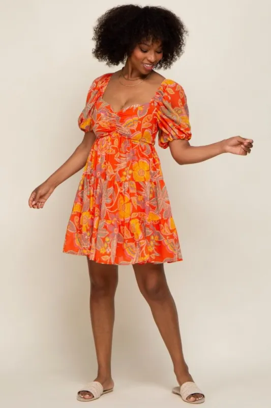 Orange Floral Sweetheart Tiered Dress sold by Pinkblush
